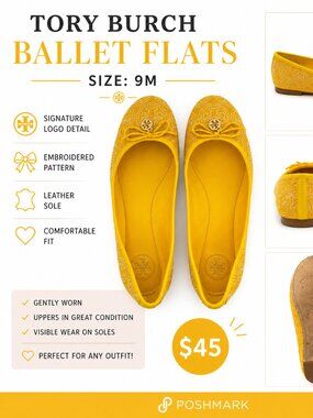 Tory Burch Yellow Ballet Flats | Size 9M | Embroidered Logo | Leather Sole